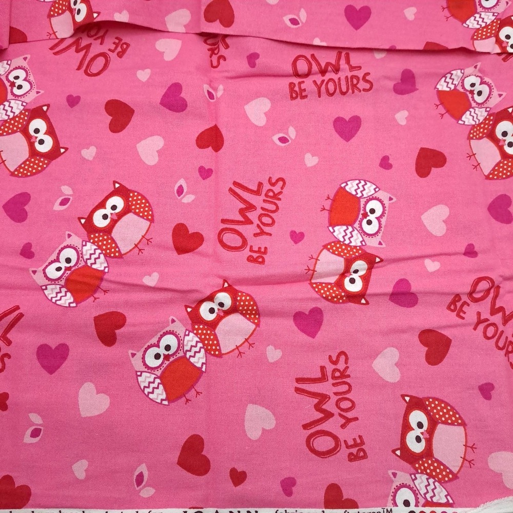 Vintage Joann Fabrics 1yd Pink Owl Be‎ Yours Heart Cotton Valentine Novelty